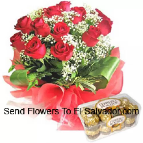 Bunch Of 12 Red Roses With Seasonal Fillers Along With 16 Pcs Ferrero Rochers