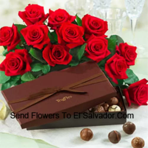 A Beautiful Bunch Of 12 Red Roses With Seasonal Fillers Accompanied With An Imported Box Of Chocolates