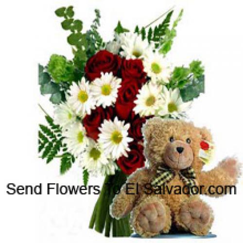 Rosen und Gerberas mit 12-Zoll-Teddy