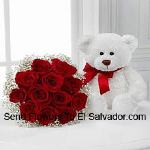 12 Roses rouges avec un mignon ours en peluche de 14 pouces