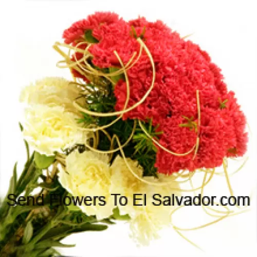 Bunch Of 24 Red And 12 Yellow Carnations With Seasonal Fillers