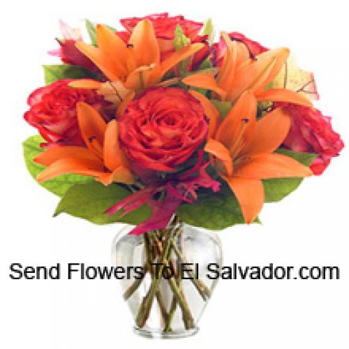 Orange Lilies and Orange Roses in Vase