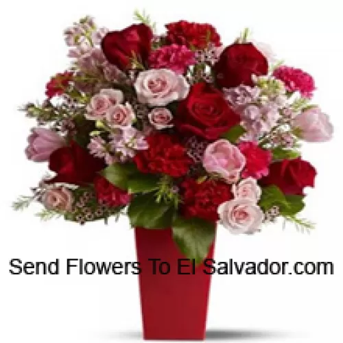 Red Roses, Red Carnations And Pink Roses With Seasonal Fillers In A Glass Vase -- 24 Stems And Fillers