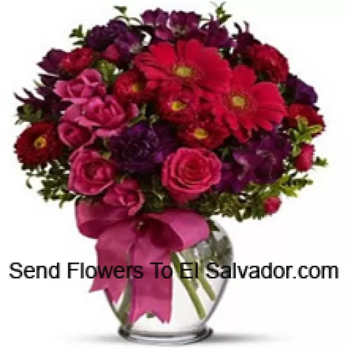 Pink Roses, Red Gerberas And Other Assorted Flowers Arranged Beautifully In A Glass Vase -- 36 Stems And Fillers