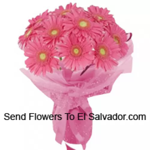 A Beautiful Hand Bunch Of 12 Pink Gerberas With Seasonal Fillers