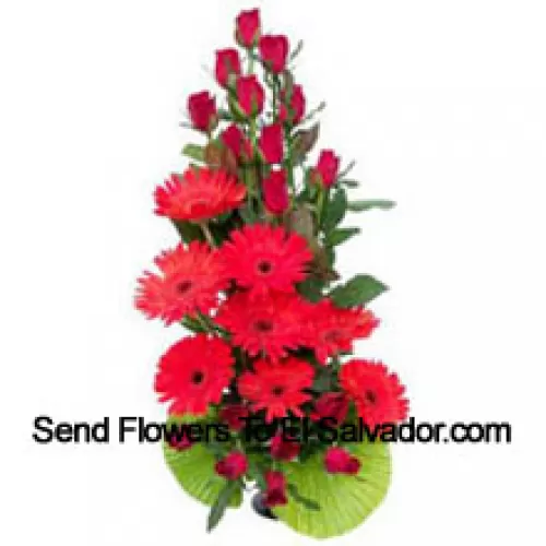 Basket Of Red Roses And Red Gerberas