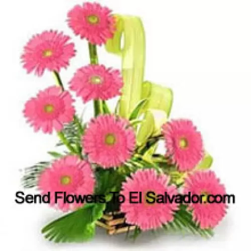 Basket Of 9 Pink Colored Gerberas With Fillers