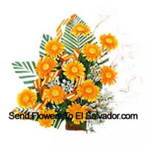 Basket Of 12 Yellow Colored Gerberas With Fillers