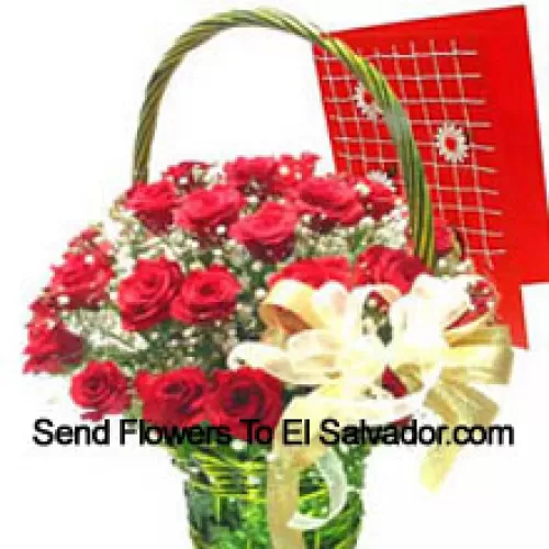 Basket Of 24 Red Roses With A Free Greeting Card