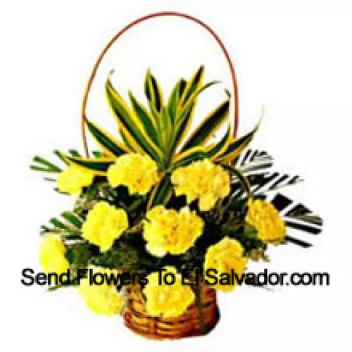 Basket Of 12 Yellow Carnations