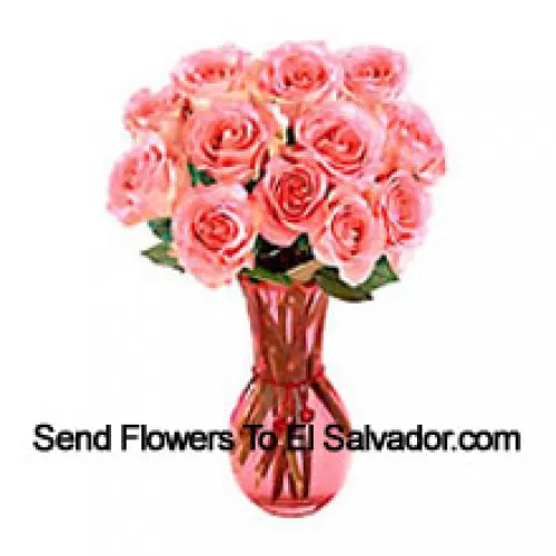 12 Pink Roses In A Glass Vase