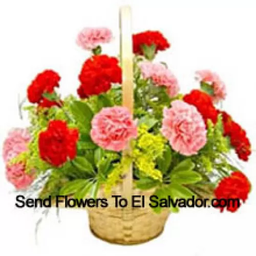 Basket Of 6 Pink And 6 Red Carnations