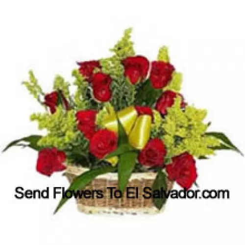 Basket Of 18 Red Roses With Seasonal Fillers