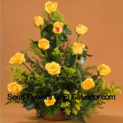 Basket Of 12 Yellow Roses With Fillers