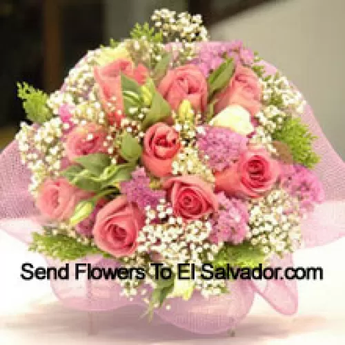 Bunch Of 12 Pink Roses With Fillers