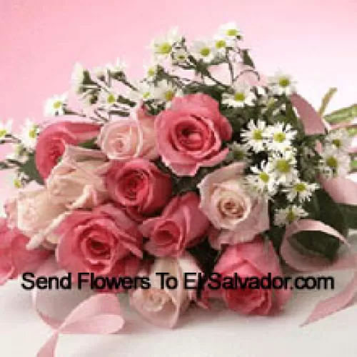 Bunch Of 12 Pink Roses With Purple Statice