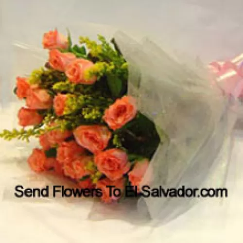 Bunch Of 18 Orange Roses With Seasonal Fillers