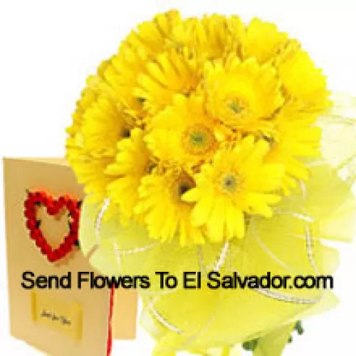 Buchet de 18 gerbera galbene cu un card gratuit de felicitare