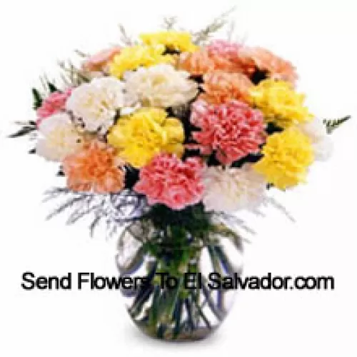 12 Mixed Colored Carnations In A Vase