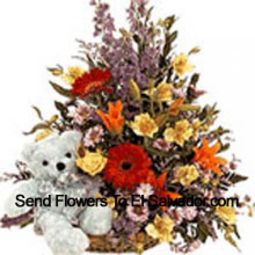 Mixed Flower Basket with Teddy