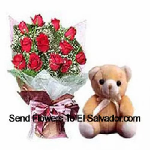 Bunch Of 12 Red Roses With Fillers And A Small Cute Teddy Bear