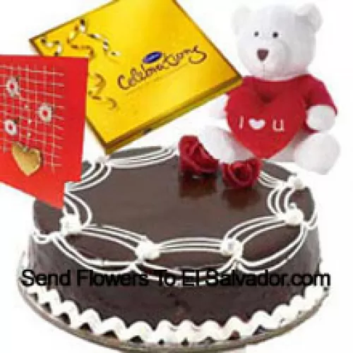 1 Kg de Bolo de Trufa, uma Caixa de Chocolates Cadbury, um Urso de Pelúcia "Eu Te Amo" e um Cartão de Saudações Grátis (Por favor, note que a entrega do bolo está disponível apenas para a região da Grande Manila. Quaisquer pedidos de entrega de bolo fora da região da Grande Manila serão substituídos por um Bolo de Brownie de Chocolate sem creme ou o destinatário receberá um Voucher Red Ribbon suficiente para comprar o mesmo bolo)