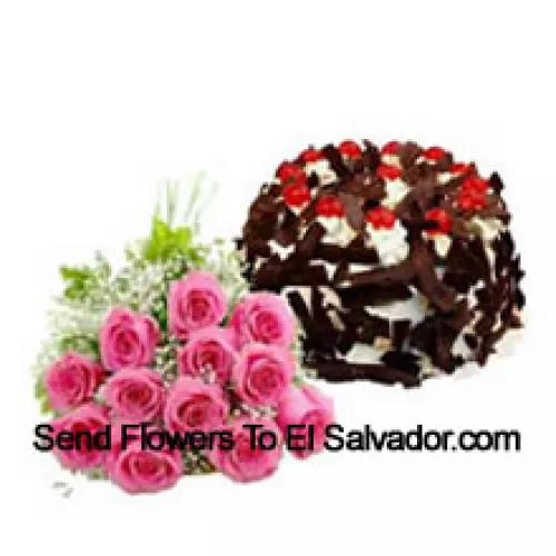 Bunch Of 12 Pink Roses Along With 1 Kg Chocolate Crisp Cake