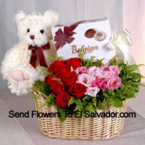 Basket Of Red And Pink Roses, A Box Of Chooclate And A Cute Teddy Bear