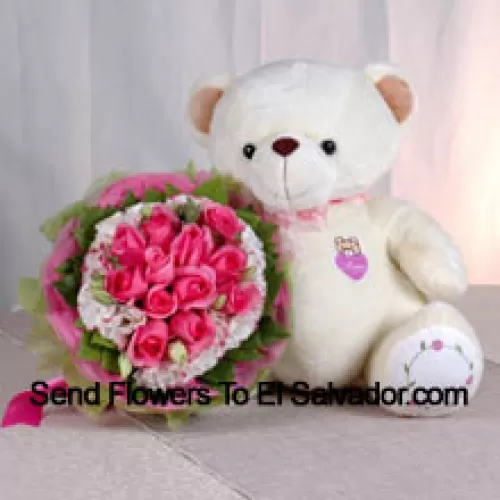 Bunch Of 12 Pink Roses And A Medium Sized Cute Teddy Bear