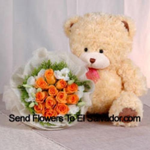 12 Orange Roses with Cute Teddy Bear