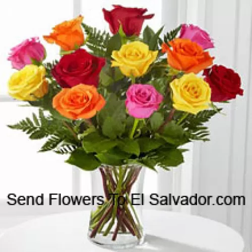 12 Mixed Colored Roses With Some Ferns in A Vase