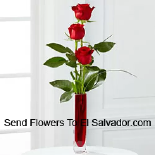 Three Red Roses In A Red Test Tube Vase (We Reserve The Right To Substitute The Vase In Case Of Non-Availability. Limited Stock)