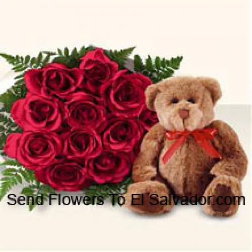 12 Roses rouges avec mignon ours en peluche brun