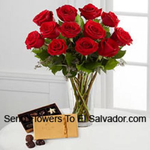 12 Rosas Rojas con deliciosos chocolates Godiva