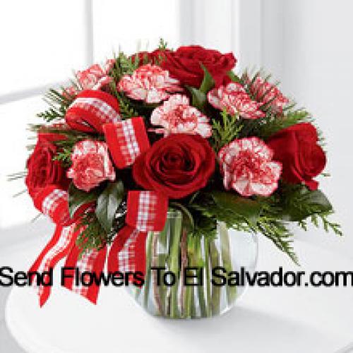 Roses and Carnations with Greens in Vase