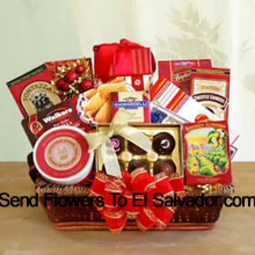 Send your wishes for happy holidays to everyone on your gift list this year with our gourmet gift basket designed just for the occasion. Our delightful tray basket holds Walker's holiday shortbread cookies, Ghirardelli chocolate assortment, Jelly Belly jelly beans, butter toffee pretzels, truffle cookies, cheese swirls, smoked almonds, cheese, English tea cookies, water crackers, and a Ghirardelli chocolate bar. The variety makes it perfect when you want to make sure there is something for everyone to enjoy. They'll love the elegant presentation with a big bow on the front, and can keep the wicker basket to use long after the food has been enjoyed (Please Note That We Reserve The Right To Substitute Any Product With A Suitable Product Of Equal Value In Case Of Non-Availability Of A Certain Product)