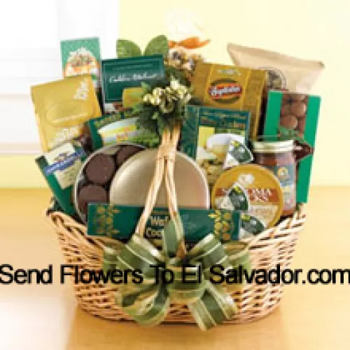 Start a tradition of sending good taste to everyone on your holiday gift list this year. Our classic wicker basket comes piled high with a gourmet assortment that is sure to please. Whether you need something to send to corporate clients or your favorite aunt and uncle, this gift basket is up to the job. We accent the basket with green and gold ribbon and holiday accents to make a great impression. Inside your recipients will discover an assortment that features something for everyone: Lindt chocolate truffles, smoked almonds, walnut cookies, chocolate cookies, chocolate-covered popcorn, cheese, crackers, a Ghirardelli chocolate bar, tortilla chips, salsa, chocolate wafer cookies , cheese swirls, and chocolate-covered sandwich cookies. (Please Note That We Reserve The Right To Substitute Any Product With A Suitable Product Of Equal Value In Case Of Non-Availability Of A Certain Product)