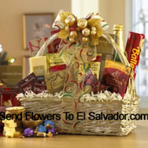 This gift basket shines for the holidays with a great selection of gourmet food for all. A shimmering basket holds Dutch Gouda Cheese Biscuits, Crantastic Snack Mix, Chocolate Cocoa, Scottish Shortbread Fingers, Roasted Peanuts, assorted Godiva Dark Chocolates, Smoky Cheddar, Fancy Water Crackers, Swedish Ballerina Cookies, Holiday Mints, Bellagio Caramella Coffee, Christmas Tea, and non-alcoholic Sparkling Apple Cider. It makes a nicely balanced selection of sweet and savory foods that are sure to please. (Please Note That We Reserve The Right To Substitute Any Product With A Suitable Product Of Equal Value In Case Of Non-Availability Of A Certain Product)