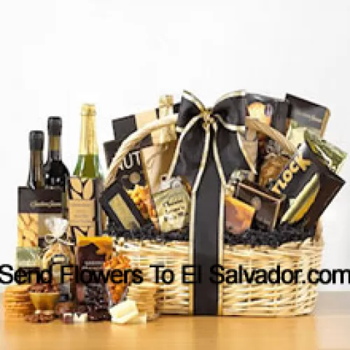 Designed to create a grand impression, our delightful willow basket sports an elegant black and gold color scheme. The basket is filled with a superior selection of gourmet goodies - Honey Mustard Pretzels, Cheese Lover's Pub Mix, Fancy Water Crackers, Smoked Salmon, All Natural Sharp Cheddar, Dutch Gouda Cheese Biscuits, Deluxe Mixed Nuts, Pistachio Pralines, Swedish Oat Crisps, Belgian Chocolate Petites, Godiva Dark Chocolate Almonds, Raspberry Chocolate Espresso Cake, House Blend Coffee, Sisters Classic Breakfast Tea and a bottle of non-alcoholic Sparkling Apple Cider. (Please Note That We Reserve The Right To Substitute Any Product With A Suitable Product Of Equal Value In Case Of Non-Availability Of A Certain Product)