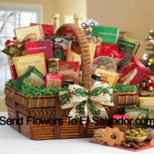 Send your best wishes with this impressive gift basket that's all decked out for the holidays. With the artful details of the handsomely crafted basket and the world of fancy flavors nestled inside, it festively captures the spirit of the season. The small includes a bountiful assortment with Tomato Basil Pretzels, Gingerbread Cake, Zesty Cheddar Thins, Spanish Olives, Pecan Pralines, Gouda Cheese Biscuits, Cinnamon Star Cookies, Belgian Chocolate Petites, California Smoked Almonds, Rothschild Triple Berry Preserves, Chocolate Chip Cookies, Ashby Assam Tea, Savory Snack Mix, Fruit Bonbons, Holiday Blend Coffee, and Godiva Milk Chocolate Strawberries. (Please Note That We Reserve The Right To Substitute Any Product With A Suitable Product Of Equal Value In Case Of Non-Availability Of A Certain Product)