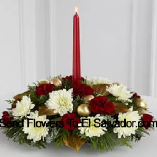 The Light & Love Holiday Centerpiece adds that special touch to any seasonal gathering. White snowflake chrysanthemums and burgundy mini carnations are accented with lush holiday greens and bedecked with matte gold glass balls, gorgeously arranged around a burgundy taper candle, to create a warm wish for a perfect holiday season. (Please Note That We Reserve The Right To Substitute Any Product With A Suitable Product Of Equal Value In Case Of Non-Availability Of A Certain Product)