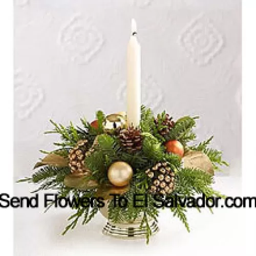 Wish all of those faces at your holiday feast a good night, glowing with seasonal dreams, with this gorgeous centerpiece perfectly accenting your table. A lovely mix of holiday greens are beautifully decorated with pine cones, golden leaves, golden holiday balls and a white taper candle setting the perfect mood and seasonal glow (Please Note That We Reserve The Right To Substitute Any Product With A Suitable Product Of Equal Value In Case Of Non-Availability Of A Certain Product)